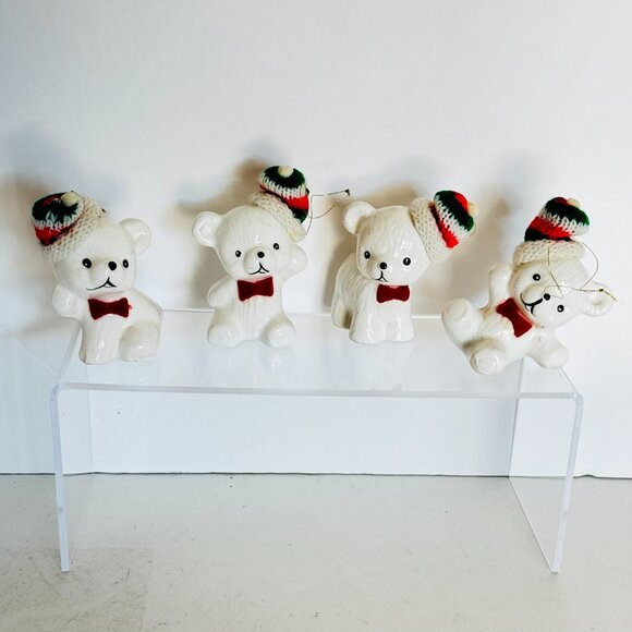 Vtg Snow Bear Ornaments 4 Porcelain Bears Knit Hats Bows Christmas Around the - Picture 2 of 16